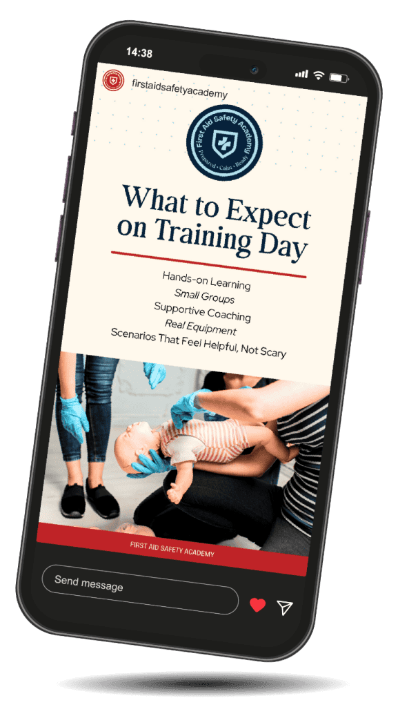 First Aid training session with CPR practice and safety coaching.